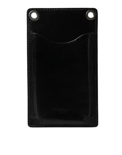 Dolce & Gabbana Black Calf Leather Zip Logo Shoulder Neck Strap Wallet In Black