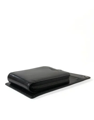 Dolce & Gabbana Black Calf Leather Zip Logo Shoulder Neck Strap Wallet In Black