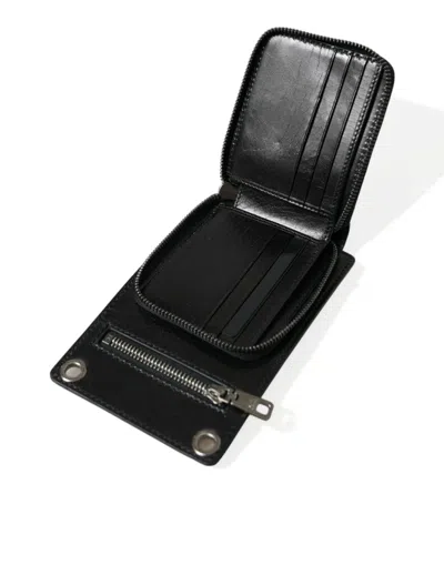 Dolce & Gabbana Black Calf Leather Zip Logo Shoulder Neck Strap Wallet In Black
