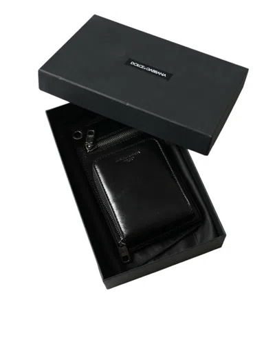 Dolce & Gabbana Black Calf Leather Zip Logo Shoulder Neck Strap Wallet In Black