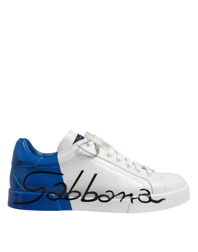 Pre-owned Dolce & Gabbana White Blue Low Top Leather Sneakers Men's Shoes () In Multi