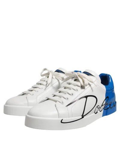 Pre-owned Dolce & Gabbana White Blue Low Top Leather Sneakers Men's Shoes () In Multi