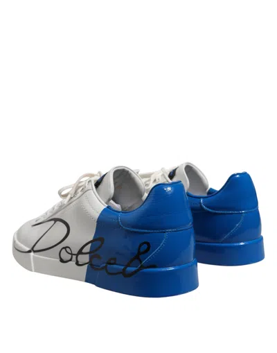 Pre-owned Dolce & Gabbana White Blue Low Top Leather Sneakers Men's Shoes () In Multi