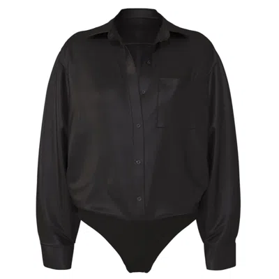 Jd.june Women's Black Non-iron Bodysuit For Bosses® In Charcoal Cotton Button Up - Relaxed Fit In Black