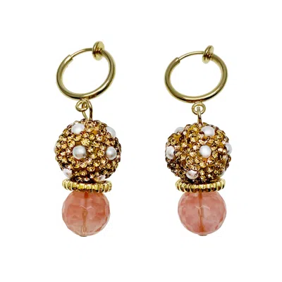 Farra Women's Watermelon Quartz Stones With Rhinestones Bordered Pearls Clip On Earrings In Red