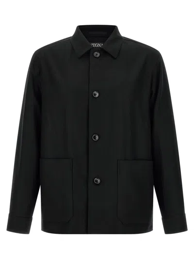 Zegna Overshirt With Collared Design And Pockets In Blue
