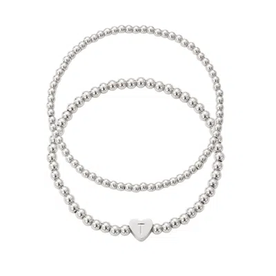 Adornia Silver Plated Ball Bead Initial Bracelet Set In Metallic