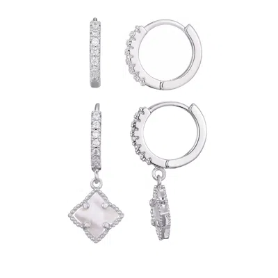 Adornia Silver Plated Halo White Mother Of Pearl Clover Cz Huggie Set In Metallic