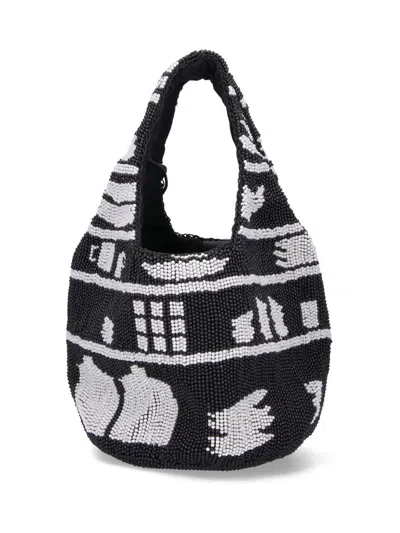 Jw Anderson Mini Beaded Shoulder Bag With Abstract Patterns In Black