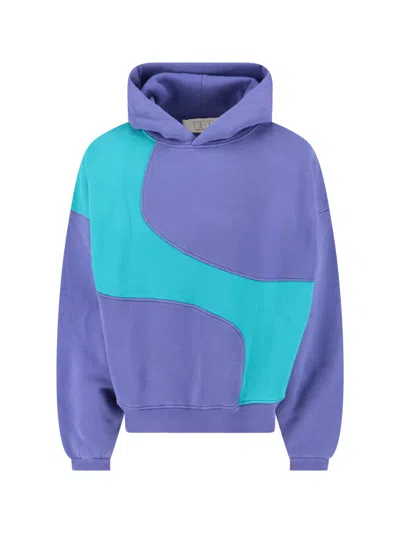 Erl Hooded Color Block Sweatshirt With Ribbed Cuffs And Hem In Purple