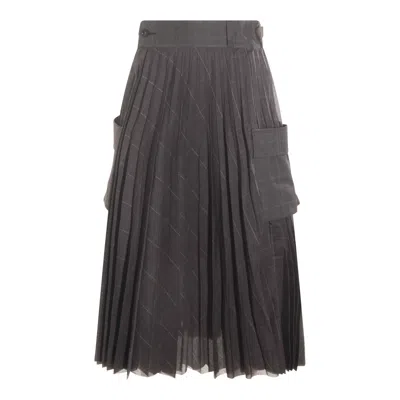 Sacai Glen-check Midi Skirt With Pleated Design And Belted Waist In Gray
