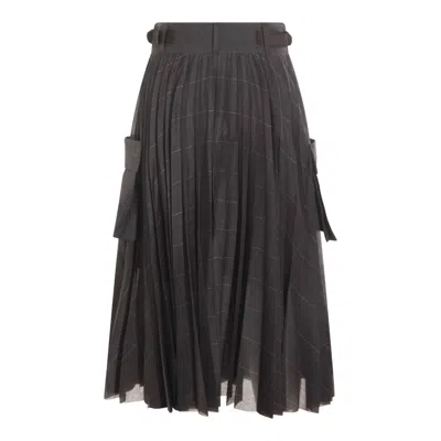 Sacai Glen-check Midi Skirt With Pleated Design And Belted Waist In Gray