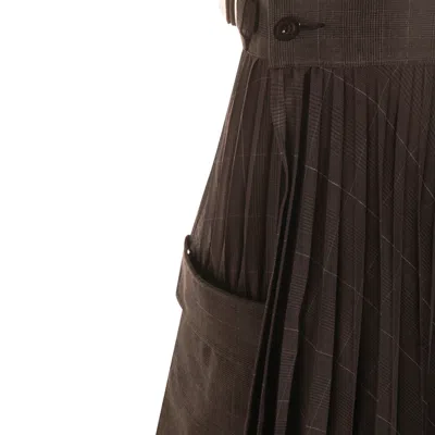 Sacai Glen-check Midi Skirt With Pleated Design And Belted Waist In Gray