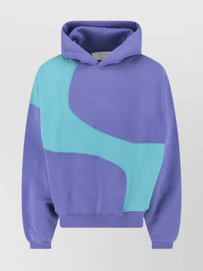 Erl Hooded Color Block Sweatshirt With Ribbed Cuffs And Hem In Purple