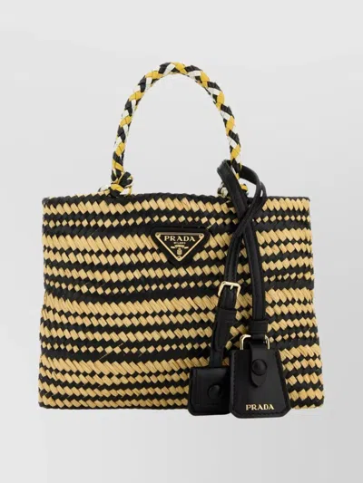 Prada Two-tone Woven Handbag Top Handles In Black