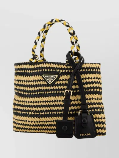 Prada Two-tone Woven Handbag Top Handles In Black