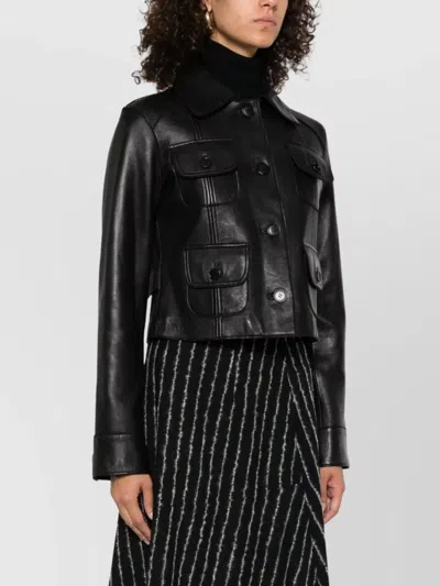 P.a.r.o.s.h Leather Jacket With Collared Neck And Flap Pockets In Black