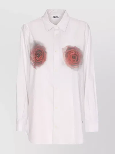 Jean Paul Gaultier Graphic Print Long Sleeve Collared Top In White