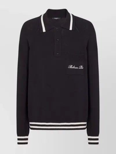 Balmain Logo-embroidered Long-sleeved Polo Shirt In Black