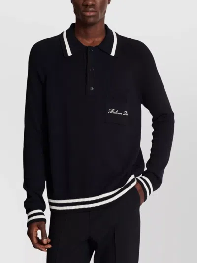 Balmain Logo-embroidered Long-sleeved Polo Shirt In Black
