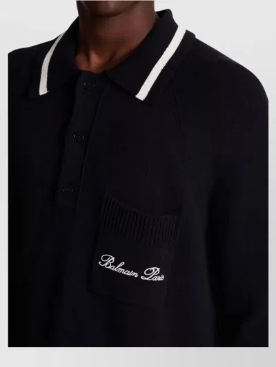 Balmain Logo-embroidered Long-sleeved Polo Shirt In Black