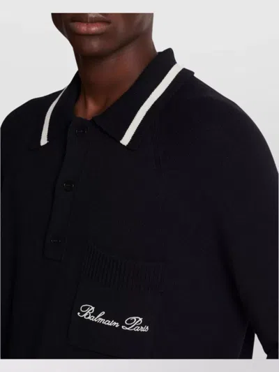 Balmain Logo-embroidered Long-sleeved Polo Shirt In Black