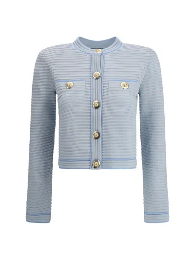 Balmain Long Sleeved Textured Knit Cardigan In Blue
