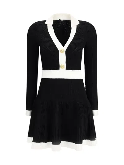 Balmain Long Sleeves V-neck Flare Knit Dress In Black