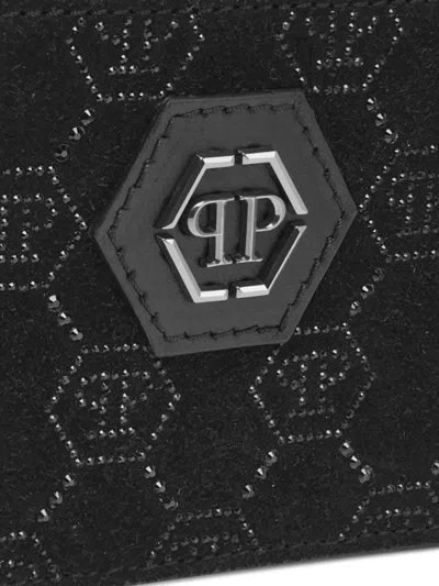 Philipp Plein Leather Cardholder Monogram Strass In Black