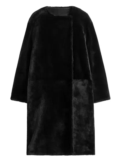 Totême Open Front Shearling Mid-length Coat In Black