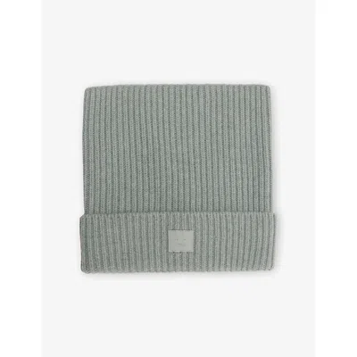 Acne Studios Womens Dusty Blue Ribbed Brand-patch Wool-blend Beanie In Green