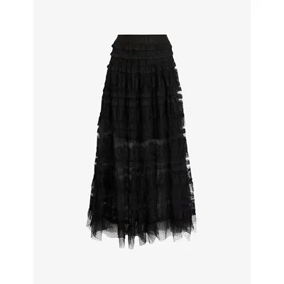Allsaints Womens Black Arlea Elasticated-waist Lace-trim Woven Maxi Skirt In Black