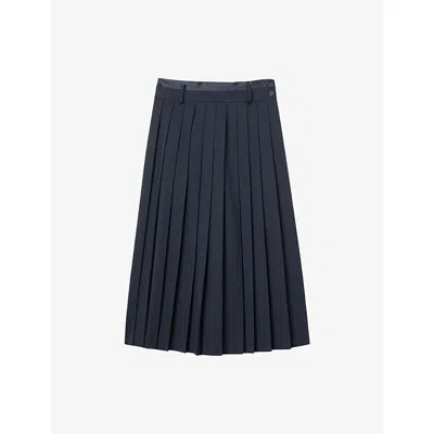 Sandro Womens Navy Blue Pleated High-rise Stretch Wool-blend Midi Skirt In Blue
