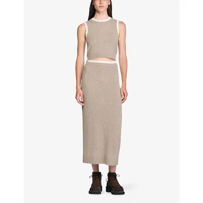 Sandro Womens Caramel Contrast-trim Wool And Cashmere Top In Brown