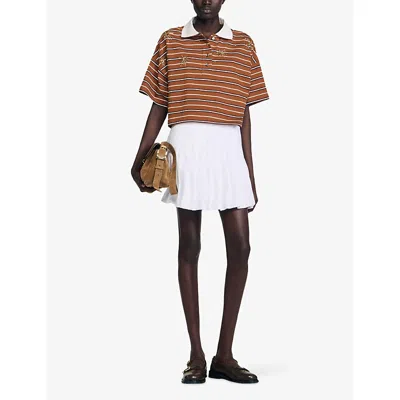 Sandro Womens Brown Striped Polo-collar Cotton-jersey T-shirt