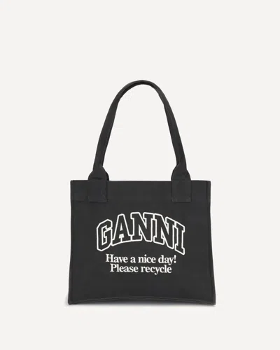 Ganni Women Black Shopper With Embroidered Logo On The Front In Denim Woman In Black