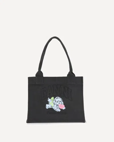 Ganni Black Large Black Shopper With Double Handles And Front Decoration In Cotton Woman In Black