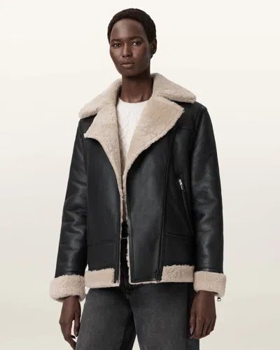 Allsaints Sola Oversize Genuine Shearling Biker Jacket In Black