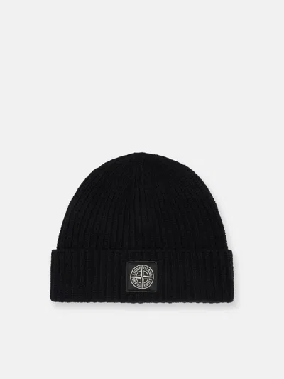 Stone Island Light Wool Knitted Beanie With Compass Patch Accessories In Black