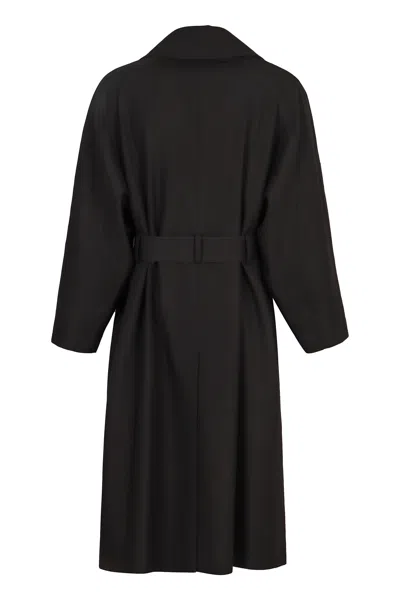 Saint Laurent Long Wool Coat With Belt And Pockets In Black