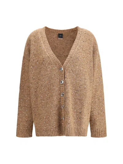 Pinko Bouclé Fabric Cardigan With Rhinestones In Brown