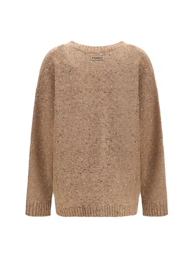 Pinko Bouclé Fabric Cardigan With Rhinestones In Brown