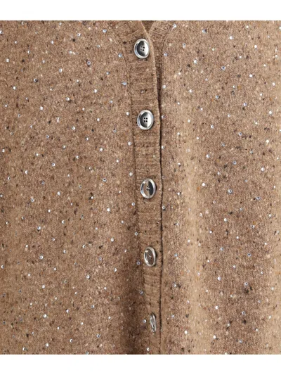 Pinko Bouclé Fabric Cardigan With Rhinestones In Brown