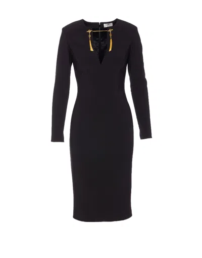 Elisabetta Franchi Light Crepe Dress With Black Jewel Chain In Black