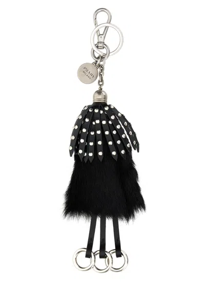 Prada Calf Hair And Leather Keyring With Fur Detailing In Black