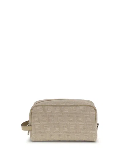 Fendi Ff-motif Leather-trimmed Toiletry Bag In Neutral