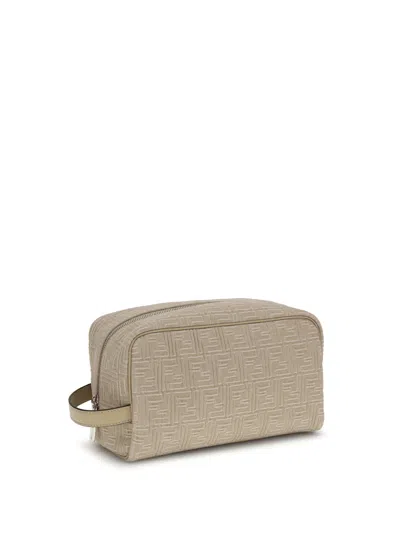 Fendi Ff-motif Leather-trimmed Toiletry Bag In Neutral