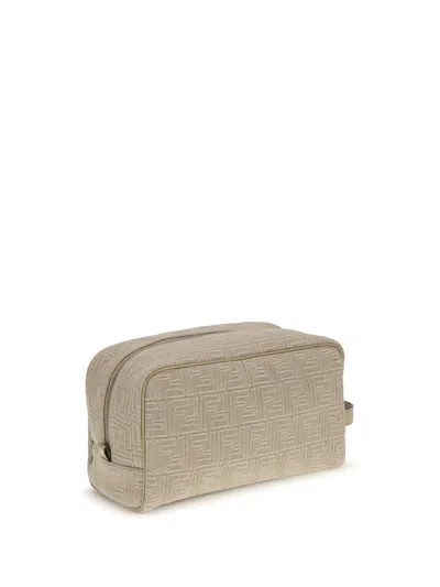 Fendi Ff-motif Leather-trimmed Toiletry Bag In Neutral