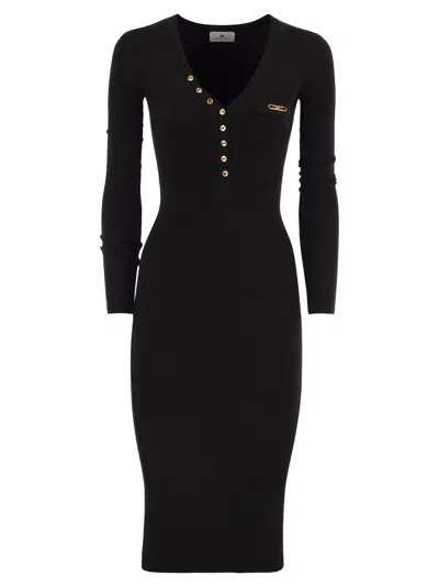 Elisabetta Franchi Black V-neck Dress With Logo Plaque On The Front In Fabric Woman In Black