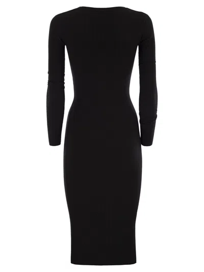 Elisabetta Franchi Black V-neck Dress With Logo Plaque On The Front In Fabric Woman In Black